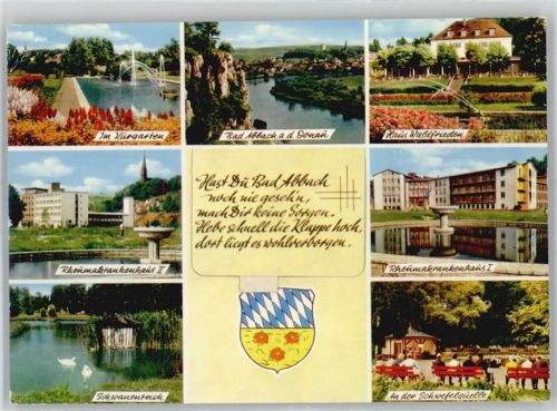 Bad Abbach Leporello, Im Kurgarten, Haus Waldfrieden, Rheumakrankenhaus, Schwanenteich, Wappen, An der Schwefelquelle