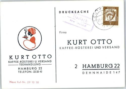 88299 W7970 Leutkirch im Allgäu - Landpoststempel Haslach, Kaffee-Rösterei und Versand Teehandlung Kurt Otto Hamburg