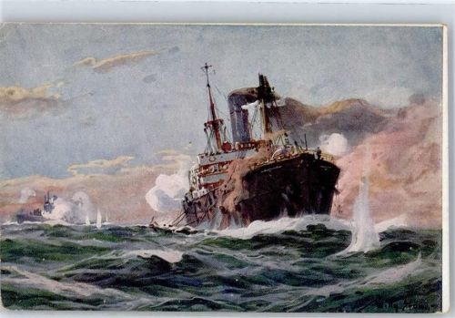 sign. Stöwer, Willy Gefecht Handelsdampfer U-Boot Künstlerkarte