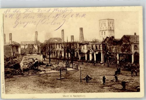 Neidenburg 1916 Feldpost WK I Marktplatz Ruinen