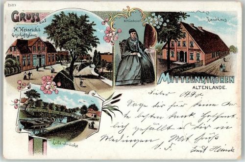 21720 W2162 Mittelnkirchen 1898 - Handlung H.Heinrich Tracht Altenlande Landhaus Lühe Brücke
