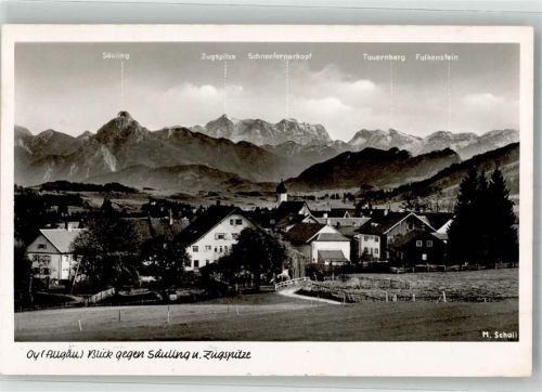 Oy Panorama des Ortes mit St. Anna Kirche Säuling Zugspitze Schneefernerkopf Tauernberg und Falkenstein Fotograf Schall Notopfermarke Bahnpost Zug 2913