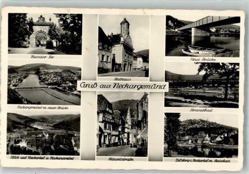Neckargemünd Panorama des Ortes mit neuer Neckarbrücke Theodor-Tor Rathaus Hauptstraße Strandbad Dilsberg Rainbach