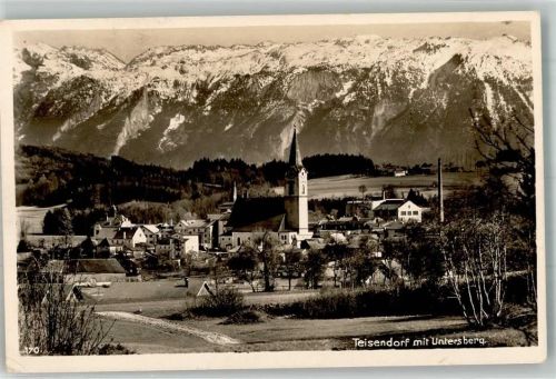 Teisendorf mit St. Andreas Kirche und Untersberg Fotograf Grainer Bahnpost München Zug 814