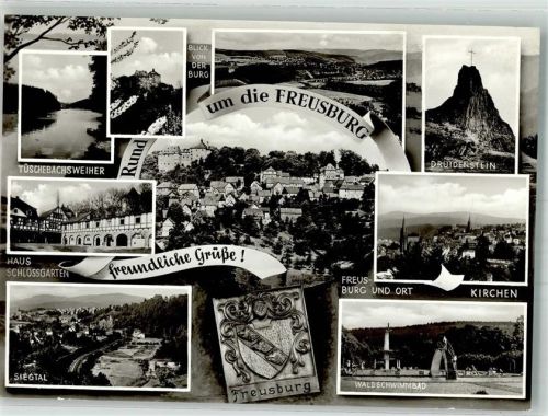 Freusburg Panorama des Ortes Tüschebachsweiher Haus Schlossgarten Siegtal Druidenstein Kirchen Waldschwimmbad Stadtwappen Fotograf Peter Nagel