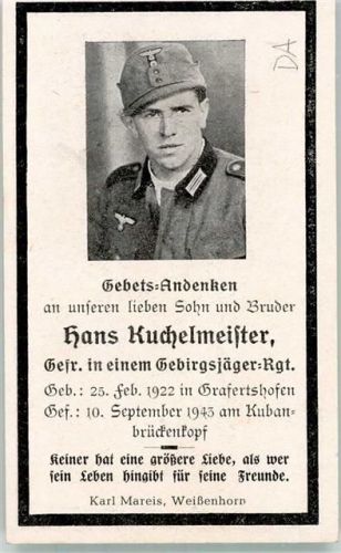 Weißenhorn 1943 Gebetsandenken an den gefallenen Gefreiten Hans Kuchelmeister