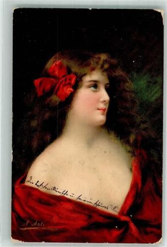 1906 Junge Frau im roten Kleid mit roten Rosen im Haar Verlag Theo Stroefer Serie 505 No. 6