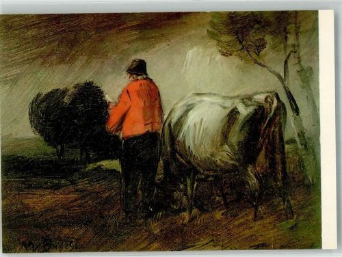 Hannover Bauer in roter Jacke mit Kuh im Wilhelm-Busch-Museum