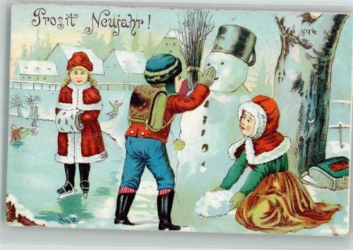 1911 Kinder bauen zu Neujahr einen Schneemann Muff Schlittschuhe