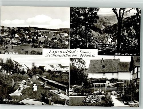 Espenschied Panorama des Ortes mit Sankt-Nikolaus-Kirche Minigolf Wispertal Dorfplatz
