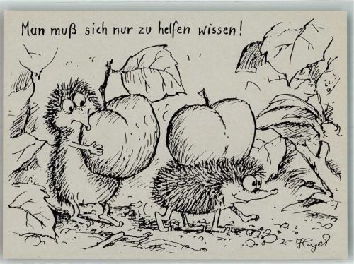 sign. Hayek Zwei Igel transportieren Früchte im Stachelkleid Tiere vermenschlicht
