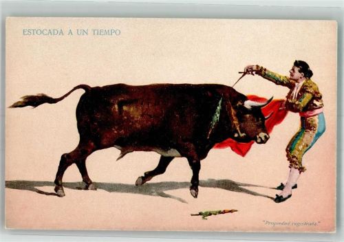 Torero mit rotem Tuch sticht in den Stiernacken