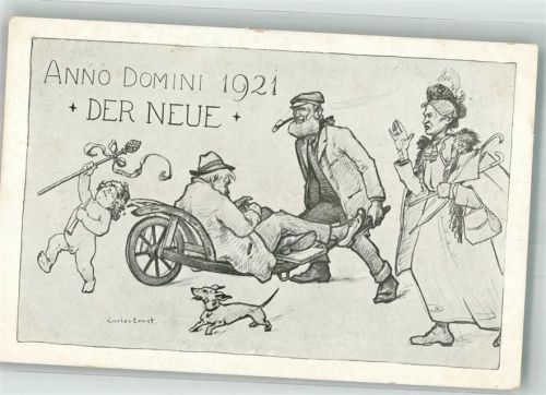 sign. Ernst, Gustav Mann transportier Zechkumpanen mit der Schubkarre Dackel Anna Domini 1921 Neujahr