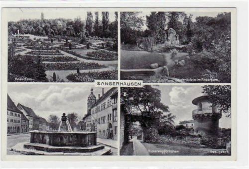 Sangerhausen mit Husarenpförtchen, Rosarium, Heideröslein im Rosengarten und Marktplatz gelaufen von 1936. Leichter Schrift- und Stempeldurchdruck, sonst gut erhalten.