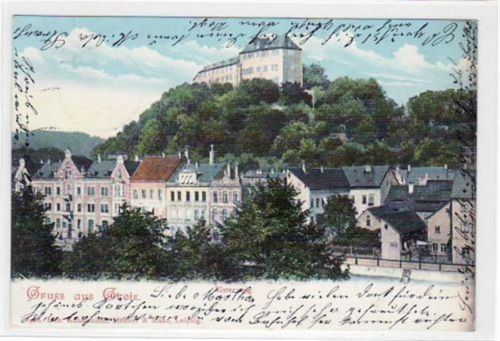 Greiz Greiz mit Elstersteig gelaufen von 1904. Leichter Stempeldurchdruck, sonst gut erhalten.