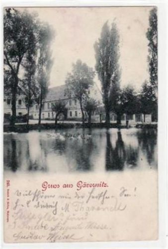 Gävernitz mit Gasthof und Teich gelaufen von 1899, Marke entfernt kleiner Knick unten links, leicht bügig, leicht fleckig, sonst gut erhalten.