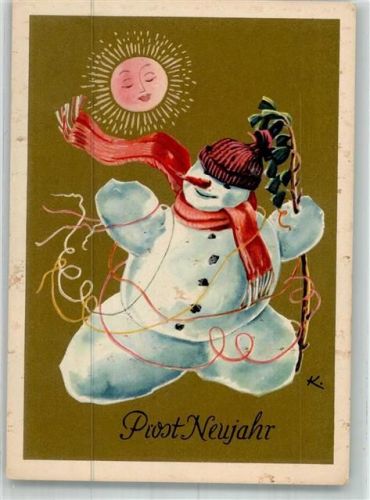 Neujahr Schneemann mit Mütze und Schal unter der strahlenden Sonne