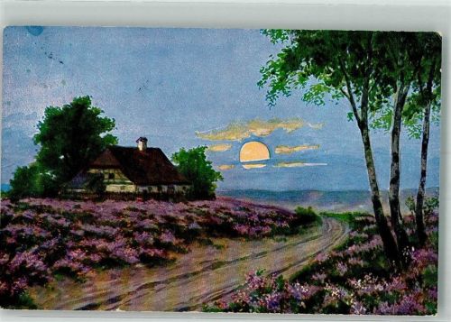 1935 Bauernhaus in der blühenden Heide vor der untergehenden Sonne WSSB 6868