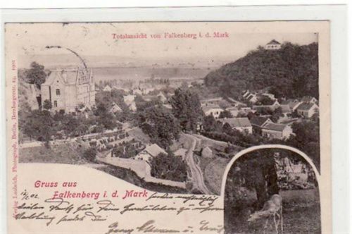 Falkenberg Falkenberg i.d.Mark. Abgebildet ist die Totalansicht. Postalisch befördert mit Marke 1902. Leichte Stempelspuren auf der Vorderseite, sonst gut erhalten.