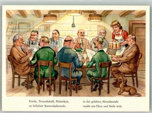 Männergesellschaft mit Dackel bei Kartenspiel und Bier im Gasthaus