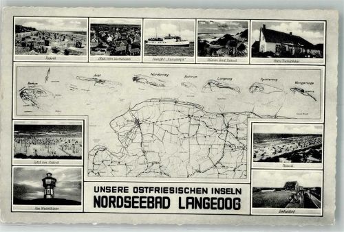 Langeoog Landkarte der Insel Ortspanorama Wasserturm Bahnhof Altes Fischerhaus Dampfer Langeoog III