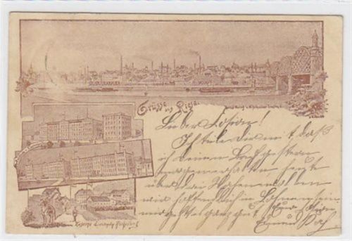Federlithographie Riesa und Kaserne von drei Seiten aufgenommen gelaufen am 12.3.1898 kleiner Knick unten links. Leichte Stempelspuren. Leichte Radierspuren Vorderseite. Rückseite leicht fleckig, sonst gut erhalten.