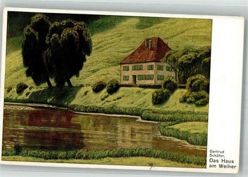 1914 sign. Schäfer, Gertrud Das Haus am Weiher Künstlersteinzeichnung