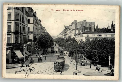 Lyon 1905 Geschäft Cafe Cours de la Liberté Straßenbahn