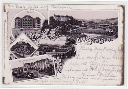 Nossen Nossen, Lithographie mit Bergschlösschen, Kloster Alt-Zella, Kgl. Landesanstalt und Schule gelaufen von 1899. Ecken mit Albumabdrücken, Oxydationsspuren an den Rändern, sonst gut erhalten.