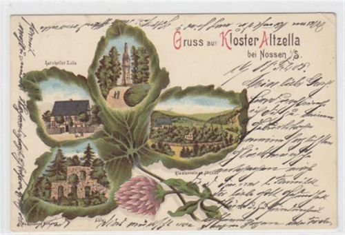 Kleeblatt Lithographie Gruss aus Kloster Altzella bei Nossen in Sachsen. Ratskeller Zella Abtei Klosterruine Altzella Betsäule gelaufen am 11.2.1905. Knicke oben und unten rechts. Leichte Klebereste Rückseite, sonst gut erhalten.