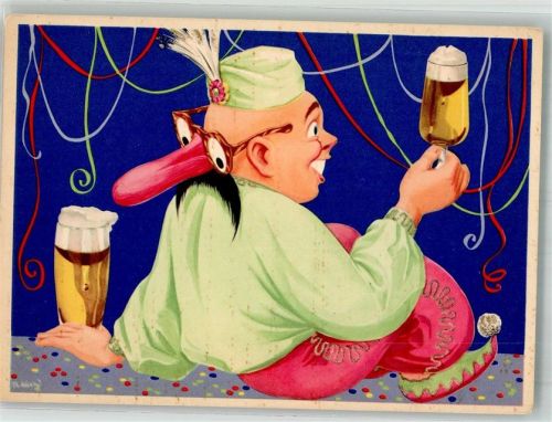 Karnevalsnarr mit zwei Gesichtern und zwei Gläsern Bier Bierwerbe GmbH