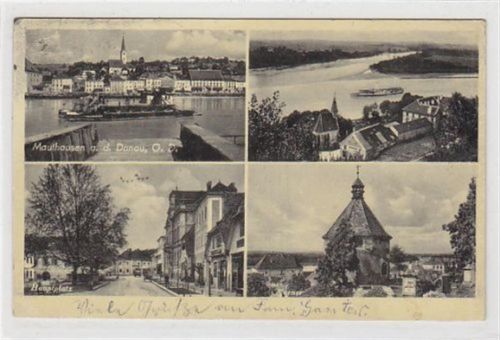 Fotokarte von Mauthausen an der Donau mit 4 verschiedenen Abbildungen gelaufen am 13.12.1943. Leichte Stempelspuren, leichter Bug unten links, kleiner Knick oben rechts, sonst gut erhalten.