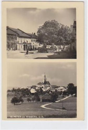 Fotokarte von St. Peter am Wimberg. Straßenpartie mit Brunnen Teilansicht Kirche. Ungelaufen. Leichter Bug oben rechts, sonst gut erhalten. PLZ 4171.
