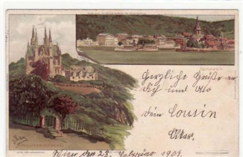 Remagen Remagen am Rhein, Lithographie mit 2 Abbildungen gelaufen von 1901. Leicht abgerundete Ecke n, kleiner Knick oben rechts, leicht stockfleckig, sonst gut erhalten