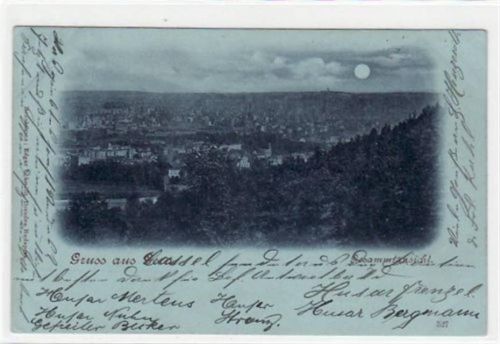 Gera Mondscheinkarte Gruß aus Gera mit Gesamtansicht gelaufen von 1899. Ecken mit Albumabdrücken, sonst gut erhalten.