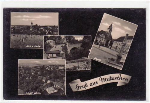 Mutzschen mit Markt, Ortsteil Böhlitz, Blick z. Kirche u. Schloßbrücke gelaufen, Stempel nicht lesbar. Gute Erhaltung.
