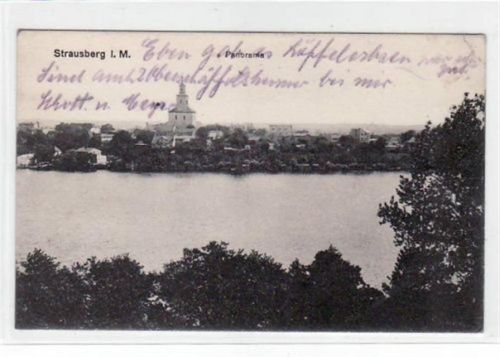 Strausberg i.M.. Abgebildet ist das Panorama. Postalisch gelaufen als Feldpost 1919. Kleiner Knick an der oberen rechten Ecke, sonst gut erhalten.