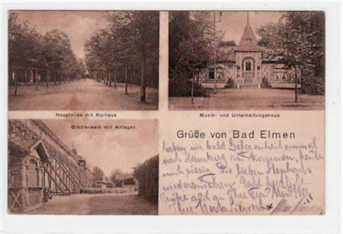 Schönebeck Grüße von Bad Elmen mit Gradierwerk und Anlagen, Hauptallee und Kurhaus und Musik- und Unterhaltungshaus gelaufen, Marke entfernt. Leicht stockfleckig, sonst gut erhalten.