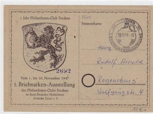 Frechen. Rathaus. 1 Jahr Philatelisten-Club Frechen. 1947. 1. Briefmarken-Ausstellung Feldpost Gute Erhaltung.