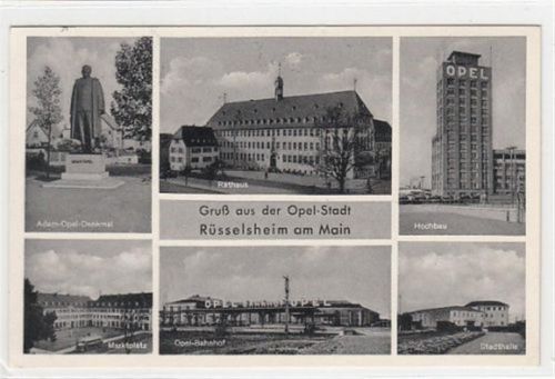 Rüsselsheim am Main mit Hochhaus, Adem-Opel-Denkmal, Rathaus, Stadthalle, Opel-Bahnhof u. Marktplatz gelaufen, 1955. Gute Erhaltung.