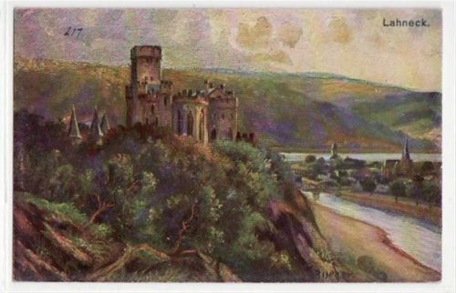 Burg Lahneck, Künstlerkarte mit Niederlahnstein ungelaufen Gute Erhaltung.