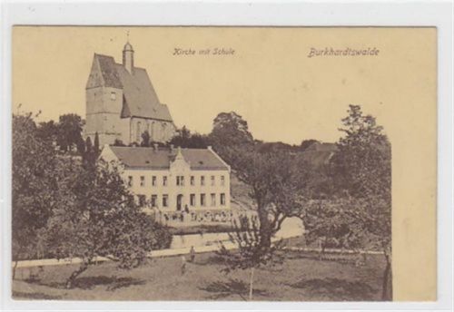 Burkhardtswalde. Kirche Schule gelaufen am 23.5.1923 kleiner Knick oben und unten links, sonst gut erhalten.