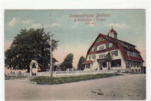 Eibenstock mit Wandererheim Bielhaus gelaufen von 1912 kleiner Knick unten rechts, leichter Stempeldurchdruck, sonst gut erhalten