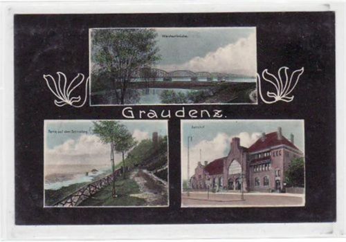 Graudenz / Grudziadz, 3 Abbildungen mit Bahnhof. Feldpost, Stempel von 1916. Gute Erhaltung.