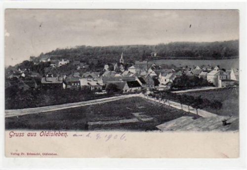 Gruß aus Oldisleben mit Gesamtansicht gelaufen von 1906, Marke entfernt kleiner Knick unten links, leichter Stempeldurchdruck, sonst gut erhalten.