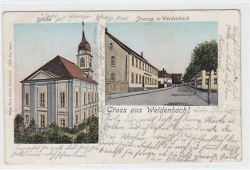 Weidenbach, Lunakarte mit Kirche und Straßenpartie gelaufen, mit Marke und Stempel von 1905 kleiner Knick unten rechts, leicht bügig, leicht fleckig, sonst gut erhalten