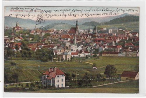 Hirschberg im Riesengebirge Hirschberg / Jelenia Góra von der Rosenau aus gesehen gelaufen. Marke entfernt. Leichte Stempelspuren. Rückseite leicht stockfleckig, sonst gut erhalten