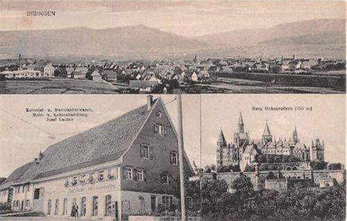 Bisingen mit Kolonial- u. Manufakturwaren, Mehl- u. Kohlenhandlung Josef Lacher und Burg Hohenzollern ungelaufen Gute Erhaltung.