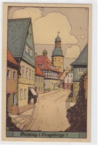 Steindruckkarte Geising im Erzgebirge. Strassenpartie zur Kirche. Ungelaufen. Leichter Knick unten links, sonst gut erhalten.