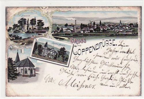 Coppenbrügge, Lithographie mit Schwefelbrunnen und Kirche gelaufen, 1901. Ecken mit Albumabdrücken, kleiner Knick unten links, Oxydationsspuren an den Rändern, sonst gut erhalten
